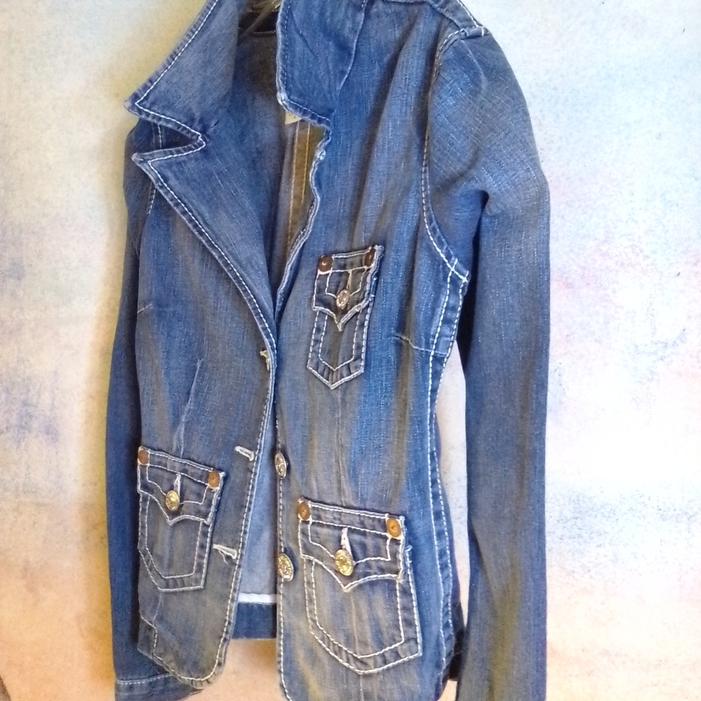 New True Religion blue jean blazer.Jackie Big T.,size L.
